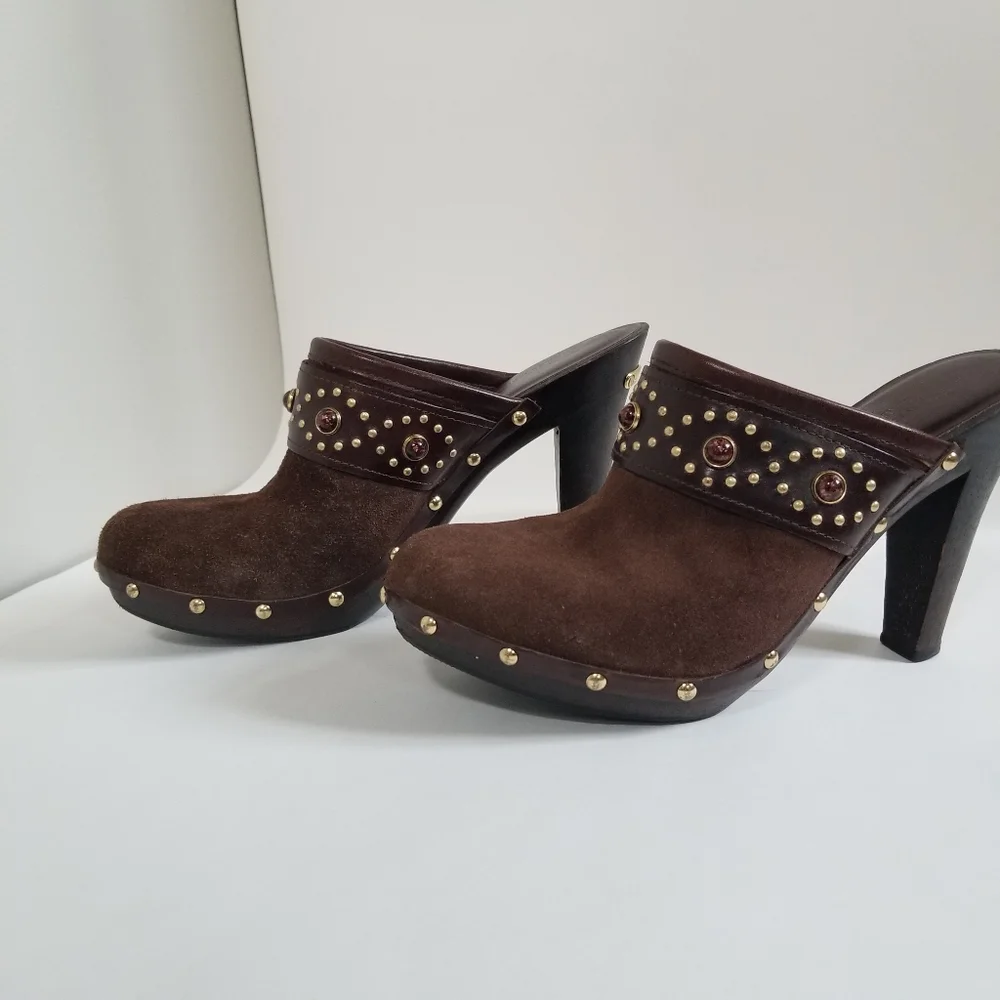 Michael Kors Womens Brown Suede Studded Wooden Mule Clogs Sz 7.5